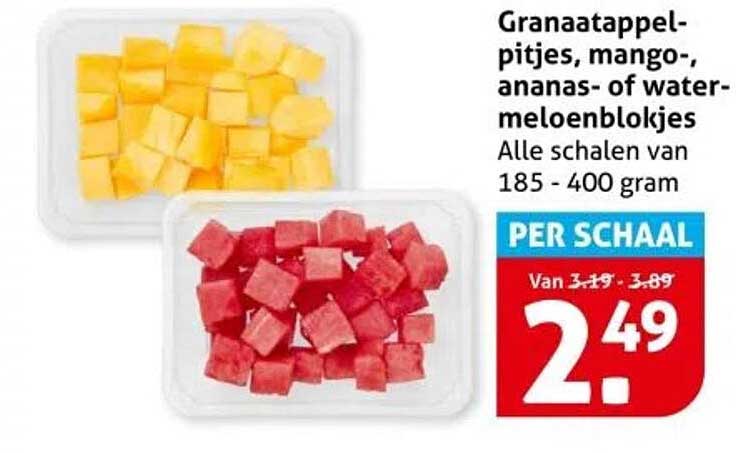 Granaatappelpitjes, mango-, ananas- of watermeloenblokjes