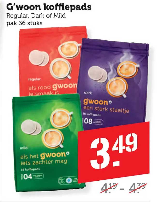 G’woon koffiepads Regular, Dark of Mild pak 36 stuks