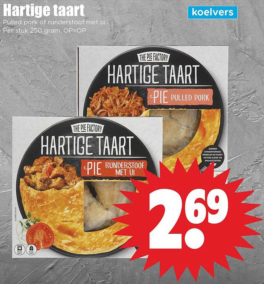 Hartige taart Pulled pork of runderstoof met ui. Per stuk 250 gram. OP=OP.