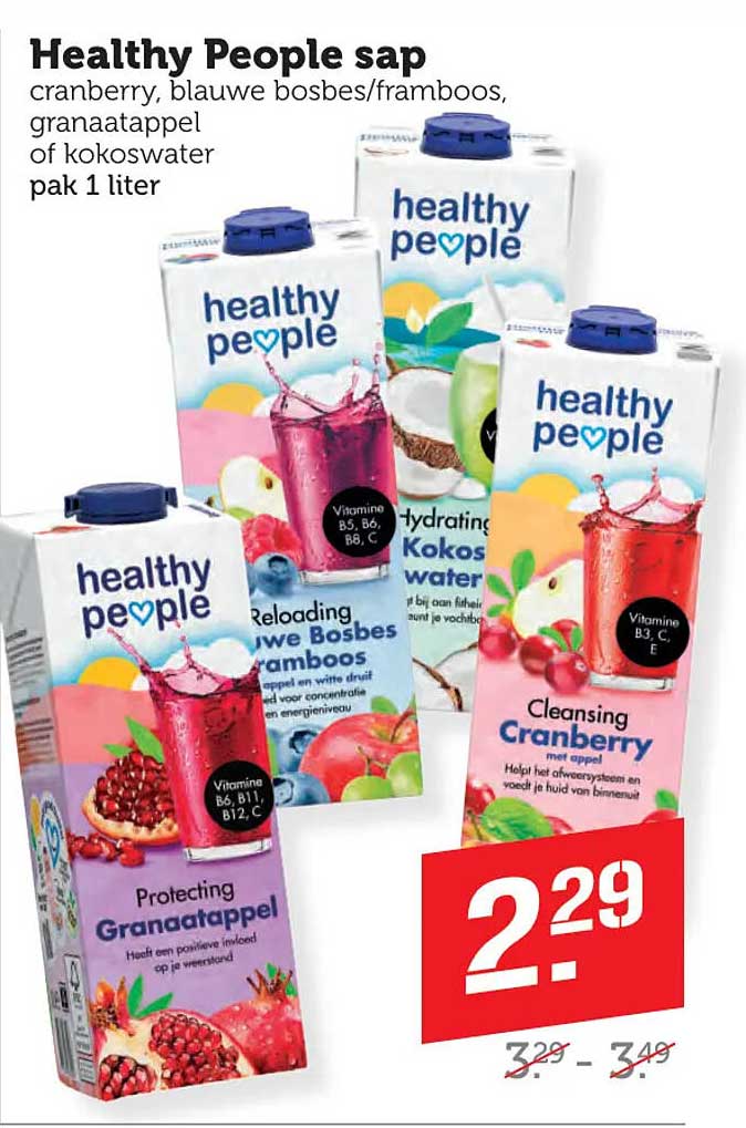 Healthy People sap cranberry, blauwe bosbes/framboos, granaatappel of kokoswater pak 1 liter