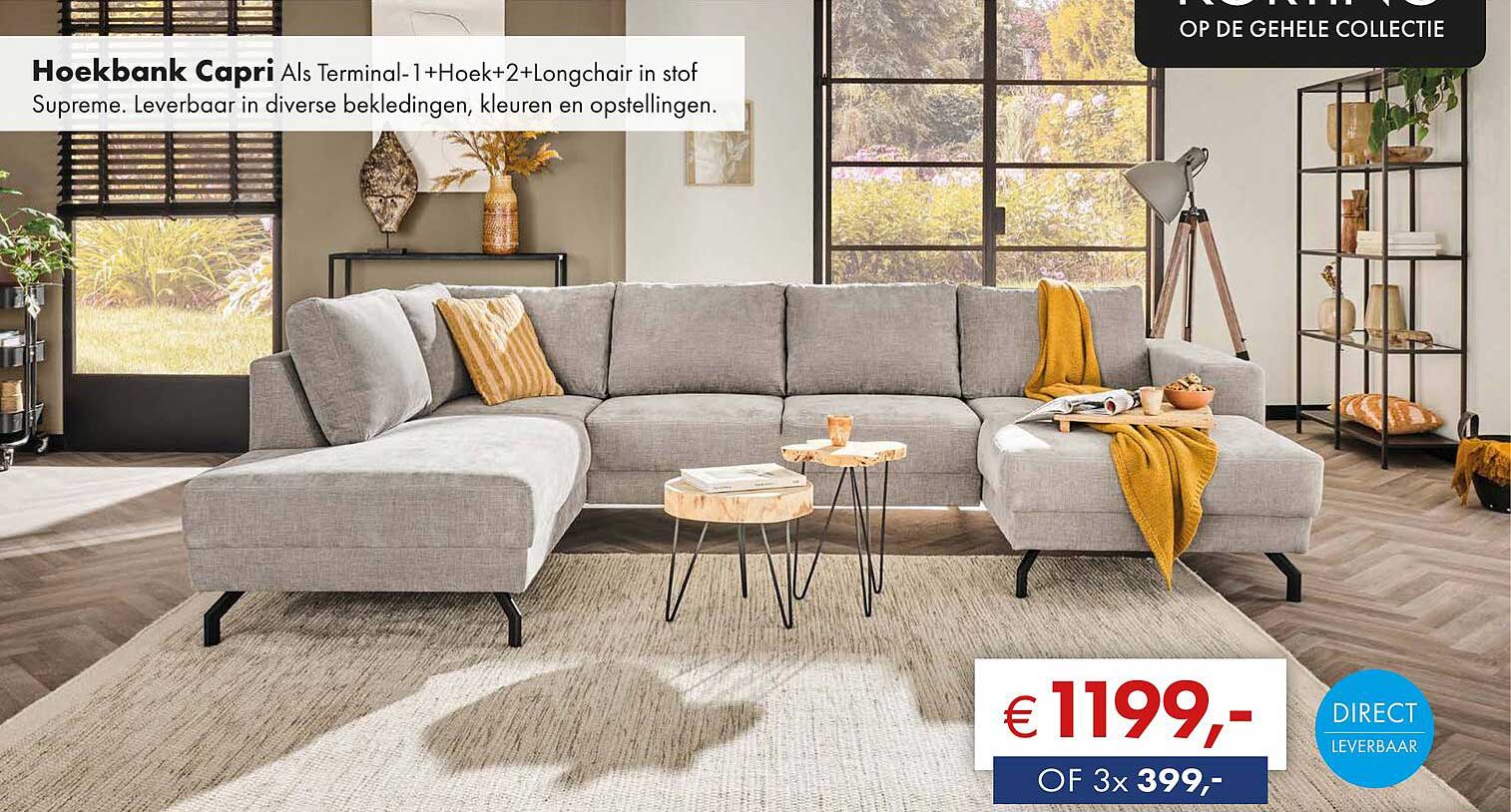 Hoekbank Capri Als Terminal-1+Hoek+2+Longchair in stof Supreme. Leverbaar in diverse bekledingen, kleuren en opstellingen.