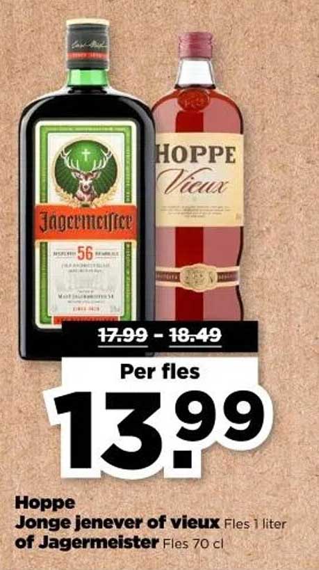 Hoppe Jonge jenever of vieux Fles 1 liter of Jagermeister Fles 70 cl