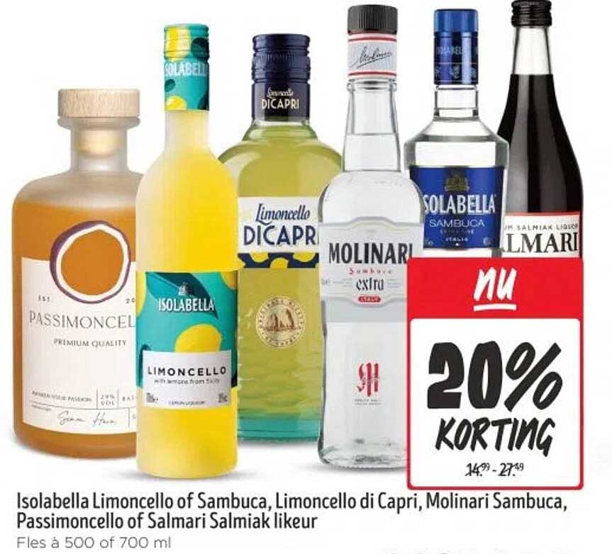 Isolabella Limoncello of Sambuca, Limoncello di Capri, Molinari Sambuca, Passimoncello of Salmari Salmiak likueur