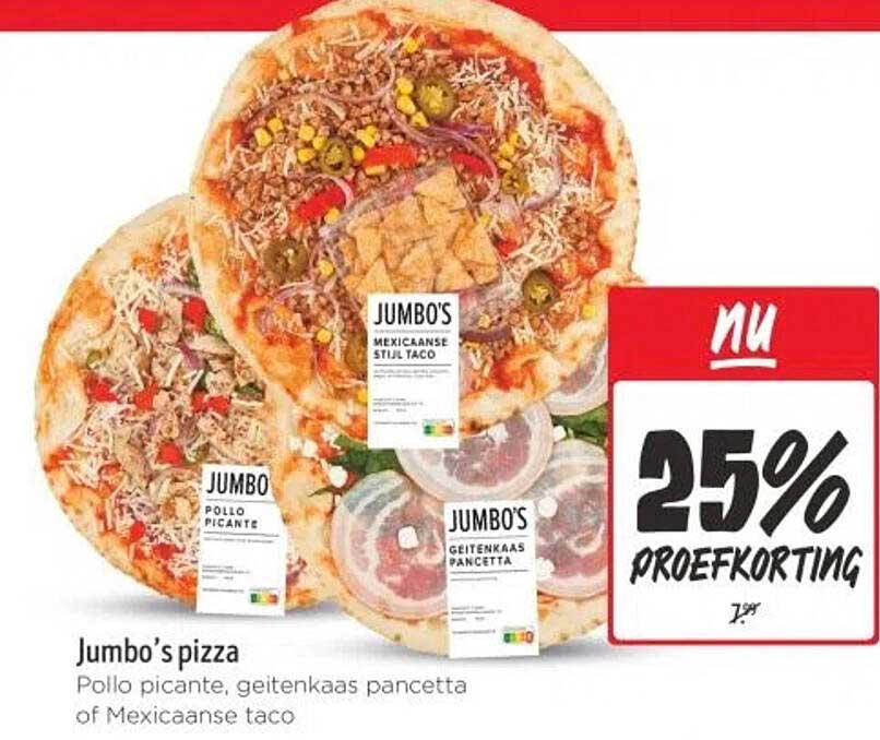 Jumbo's pizza Pollo picante, geitenkaas pancetta of Mexicaanse taco