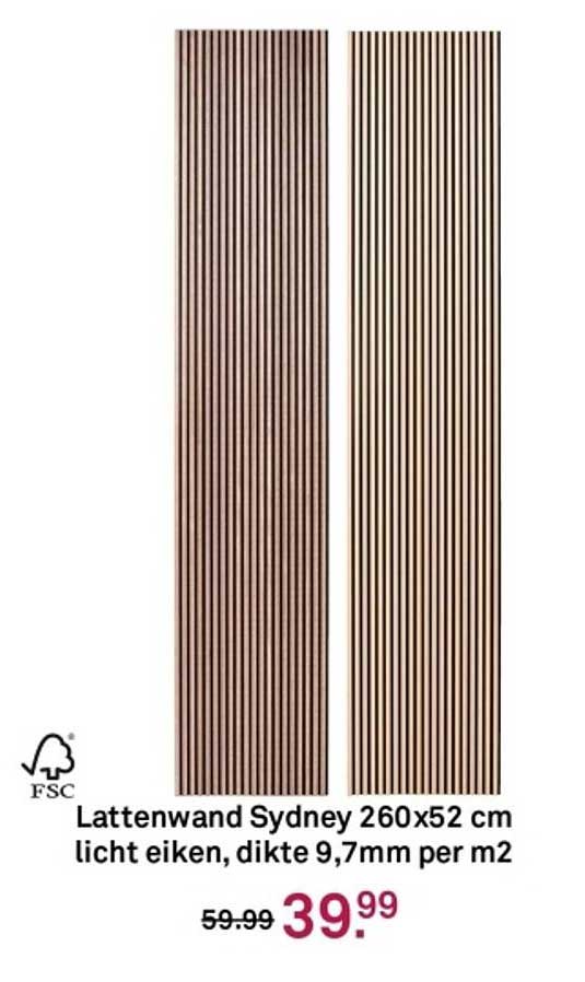 Lattenwand Sydney 260x52 cm licht eiken, dikte 9,7mm per m2
