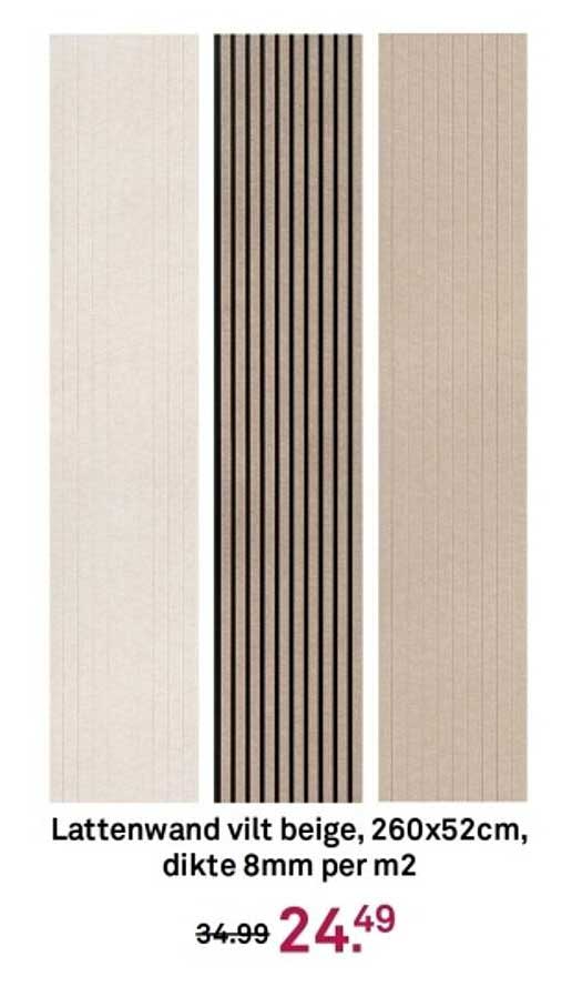 Lattenwand vilt beige, 260x52cm, dikte 8mm per m2