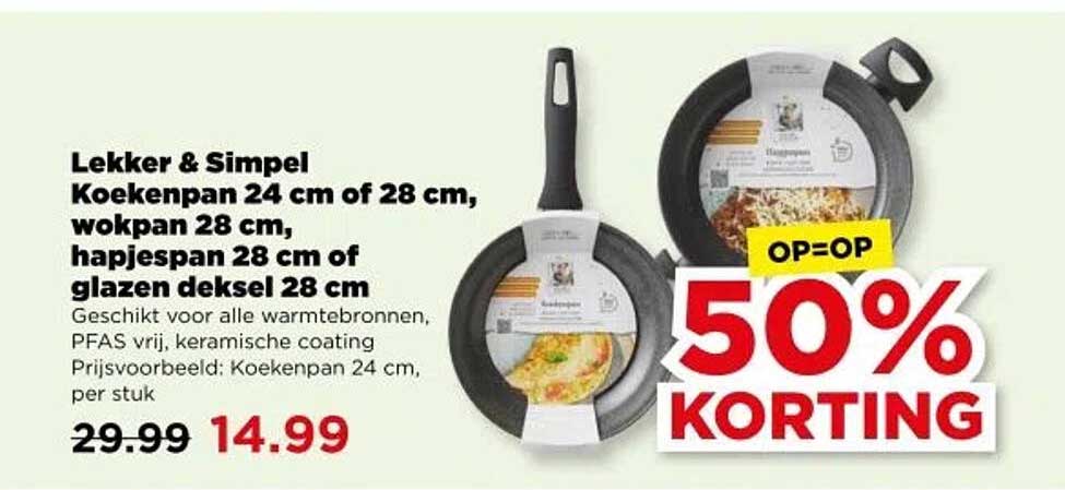 Lekker & Simpel Koekenpan 24 cm of 28 cm, wokpan 28 cm, hapjespan 28 cm of glazen deksel 28 cm
