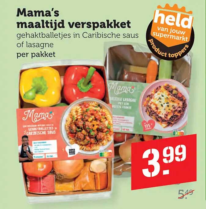Mama's maaltijd verspaket gehaktballetjes in Caribische saus of lasagne per pakket