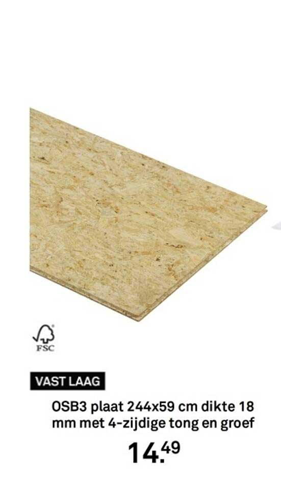 OSB3 plaat 244x59 cm dikte 18 mm met 4-zijdige tong en groef