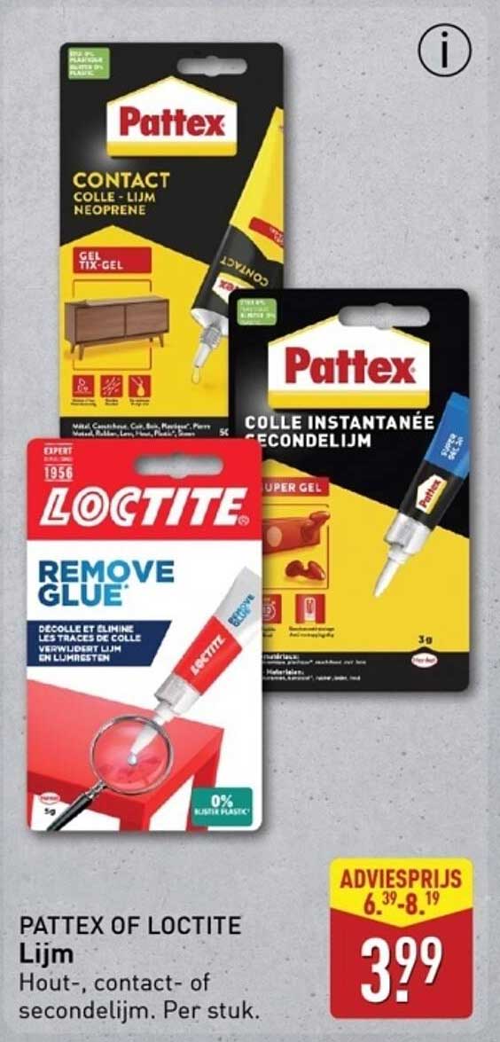 PATEX OF LOCTITE Lijm Hout-, contact- of secundelijm. Per stuk.