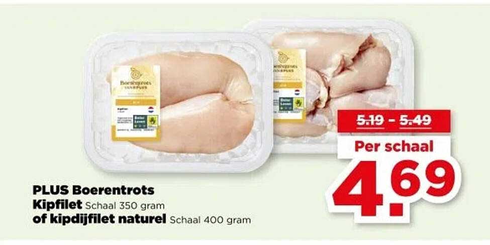 PLUS Boerentrots Kipfilet Schaal 350 gram of kipdijfilet naturel Schaal 400 gram