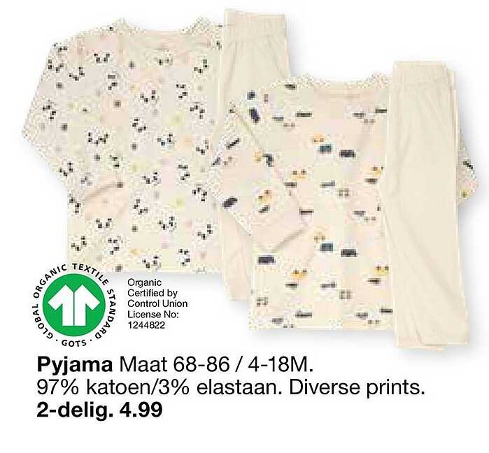 Pyjama Maat 68-86 / 4-18M. 97% katoen/3% elastaan. Diverse prints. 2-delig. 4.99