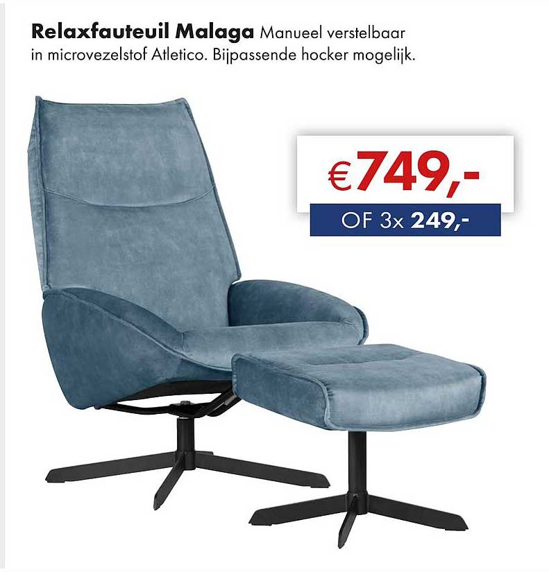 Relaxfauteuil Malaga Manueel verstelbaar in microvezelstof Atletico. Bijpassende hocker mogelijk.