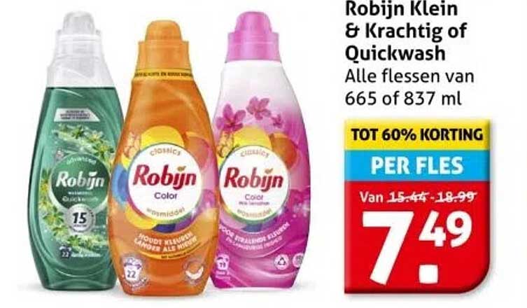 Robijn Klein & Krachtig of Quickwash Alle flessen van 665 of 837 ml