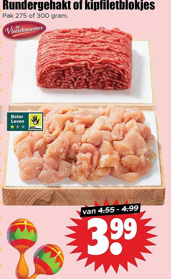 Rundergehakt of kipfiletblokjes pak 275 of 300 gram.