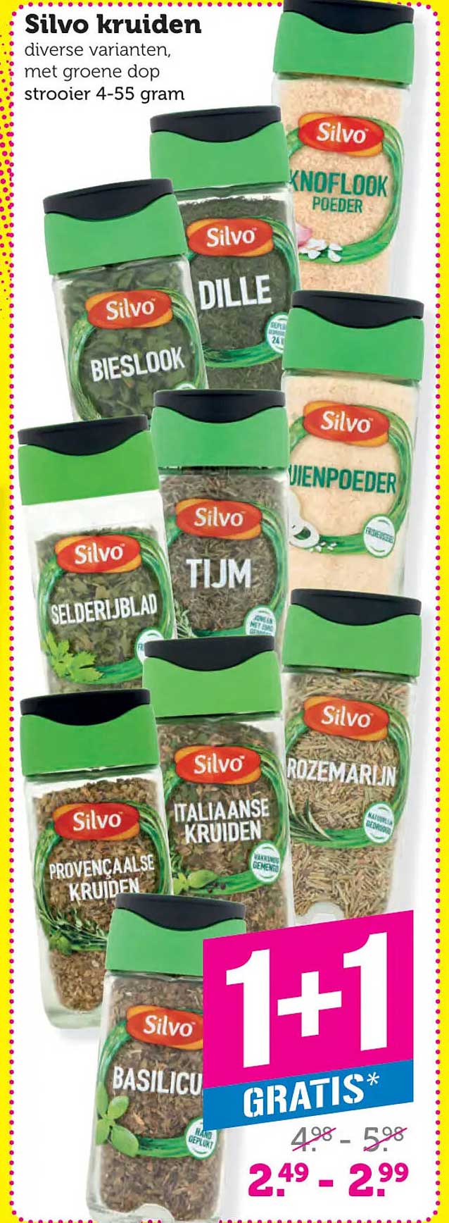 Silvo kruiden diverse varianten, met groene dop strooier 4-55 gram