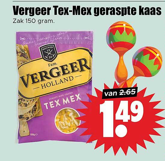 Vergeer Tex-Mex geraspte kaas Zak 150 gram.