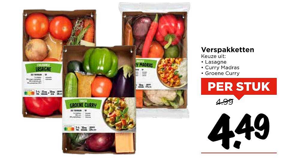 Verspakketten (Lasagne, Curry Madras, Groene Curry)