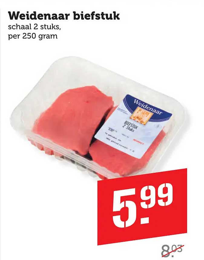 Weidenaar biefstuk schaal 2 stuks, per 250 gram