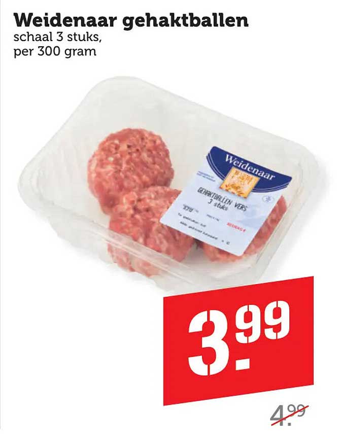 Weidenaar gehaktballen schaal 3 stuks, per 300 gram