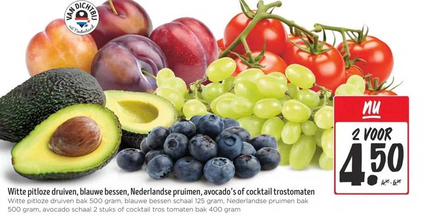 Witte pitloze druiven, blauwe bessen, Nederlandse pruimen, avocado’s of cocktail trostomaten