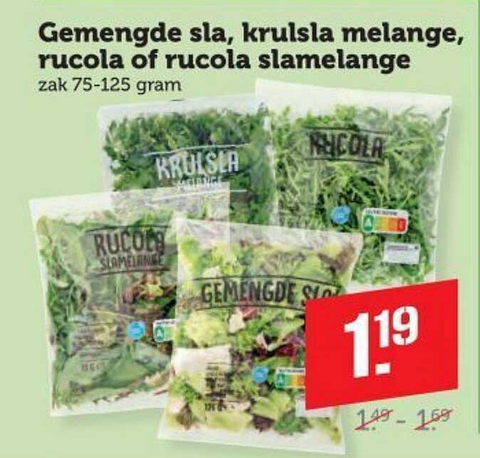Gemengde sla, kruidsla melange, rucola of rucola slamelange zak 75-125 gram