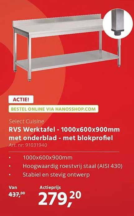 RVS Werktafel - 1000x600x900mm met onderblad - met blokprofiel