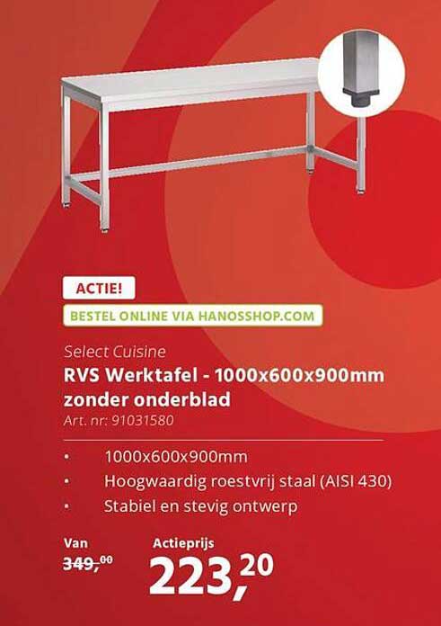 RVS Werktafel - 1000x600x900mm zonder onderblad