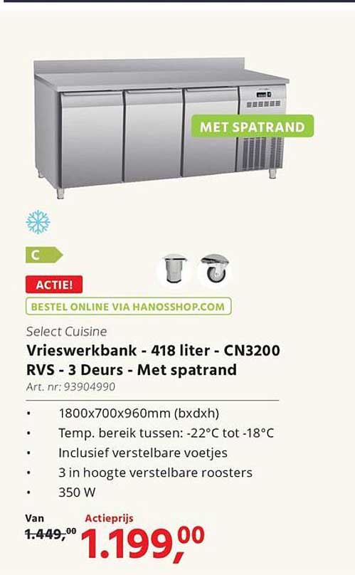 Vrieswerkbank - 418 liter - CN3200 RVS - 3 Deurs - Met spatrand