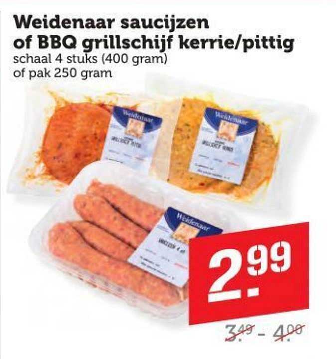 Weidenaar saucijzen of BBQ grillschijf kerrie/pittig schaal 4 stuks (400 gram) of pak 250 gram