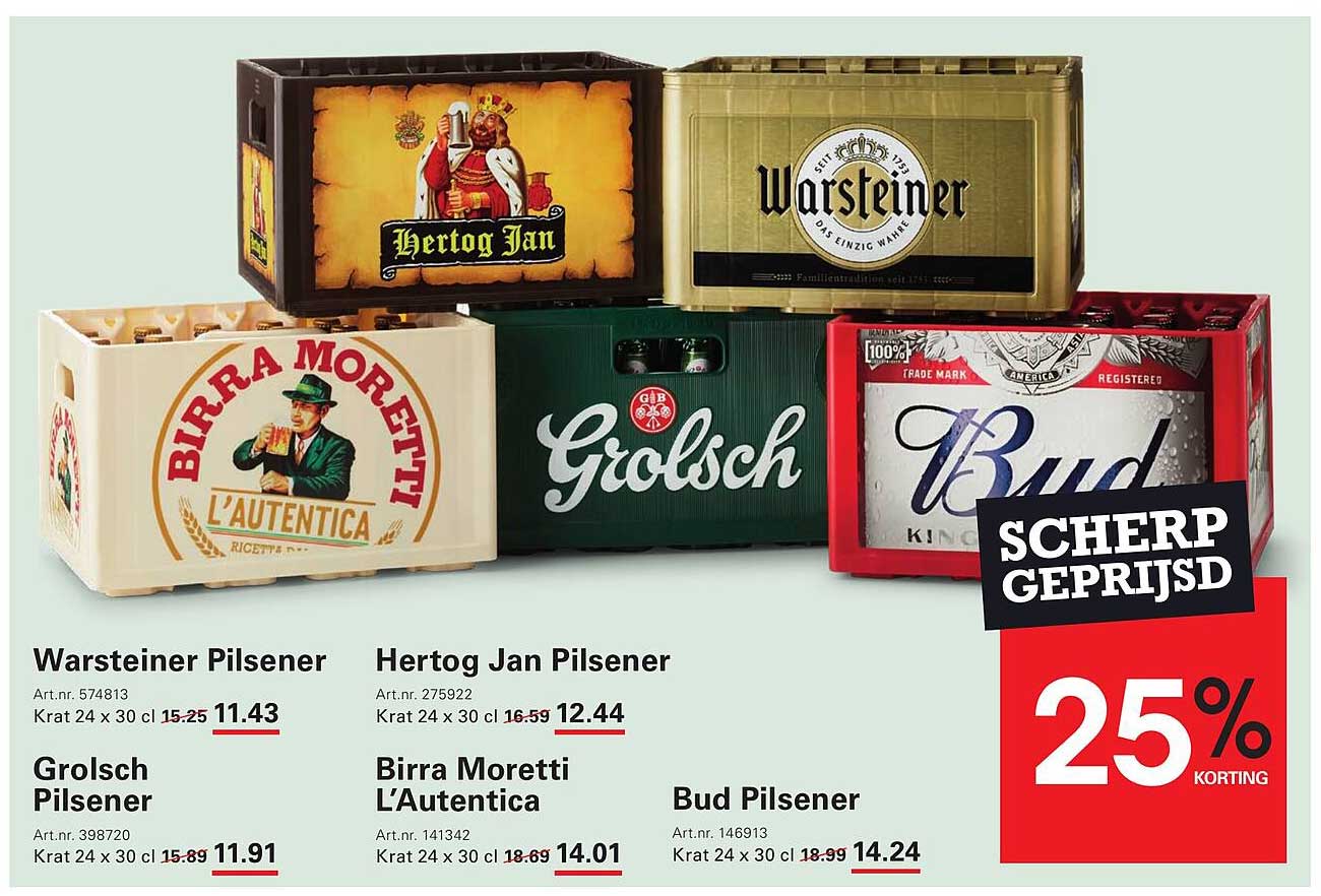 Scherp Geprijsd: Warsteiner, Hertog Jan, Grolsch, Birra Moretti, Bud Pilsener - 25% korting