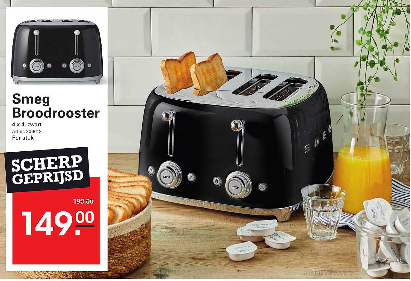 Smeg Broodrooster 4 x 4, zwart