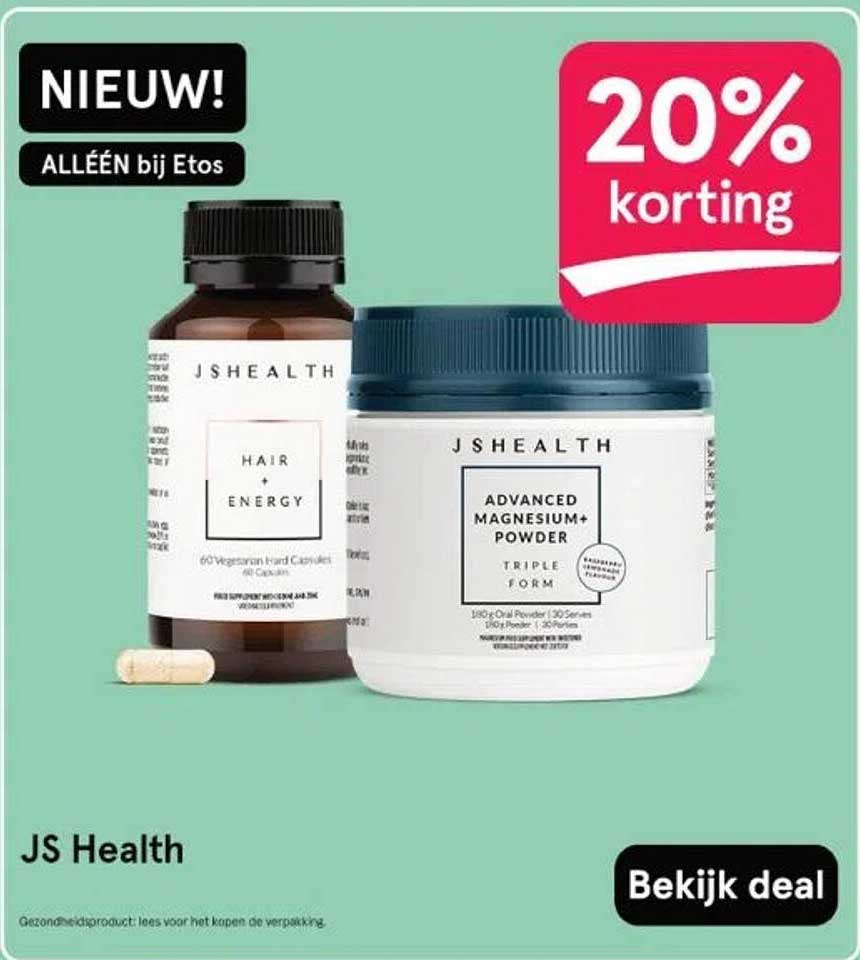 20% korting op JS Health Hair + Energy en Advanced Magnesium+ Powder
