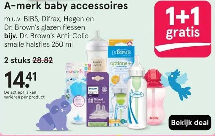 A-merk baby accessoires m.u.v. BIBS, Difrax, Hegen en Dr. Brown’s glazen flessen bijv. Dr. Brown’s Anti-Colic kleine halsfles 250 ml