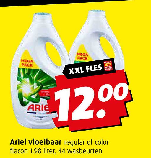 Ariel vloeibaar regular of color flacon 1.98 liter, 44 wasbeurten