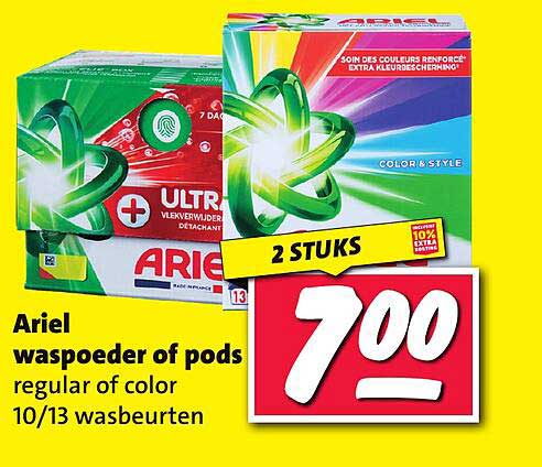 Ariel waspoeder of pods regular of color 10/13 wasbeurten