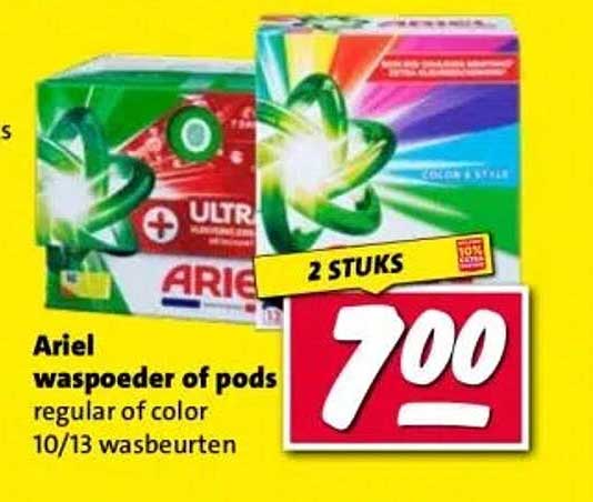 Ariel waspoeder of pods regular of color 10/13 wasbeurten