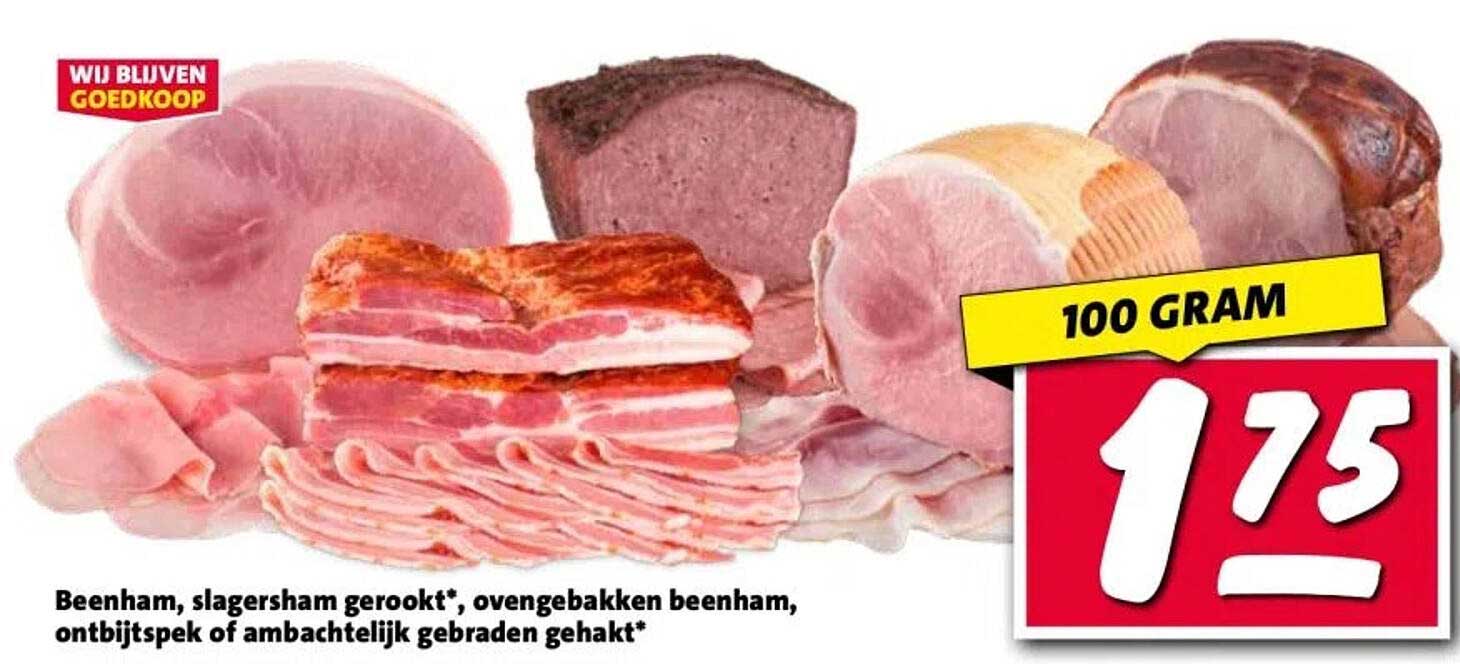 Beenham, slagersham gerookt*, ovengebakken beenham, ontbijtspek of ambachtelijk gebraden gehakt*