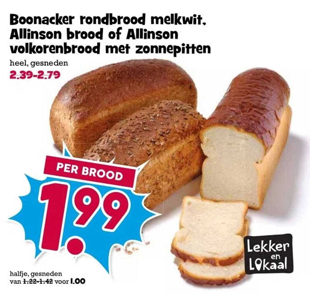 Boonacker rondbrood melkwit, Allinson brood of Allinson volkorenbrood met zonnebollen