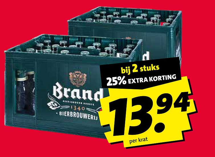 Brand Bier 2 kratten voor de prijs van 1 en 25% extra korting