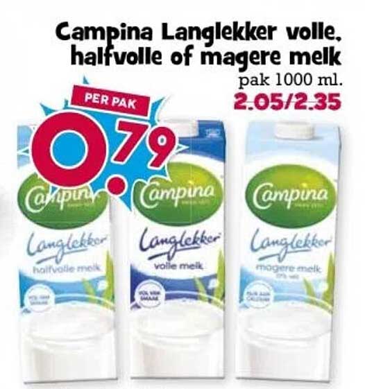 Campina Langlekker volle, halfvolle of magere melk pak 1000 ml.