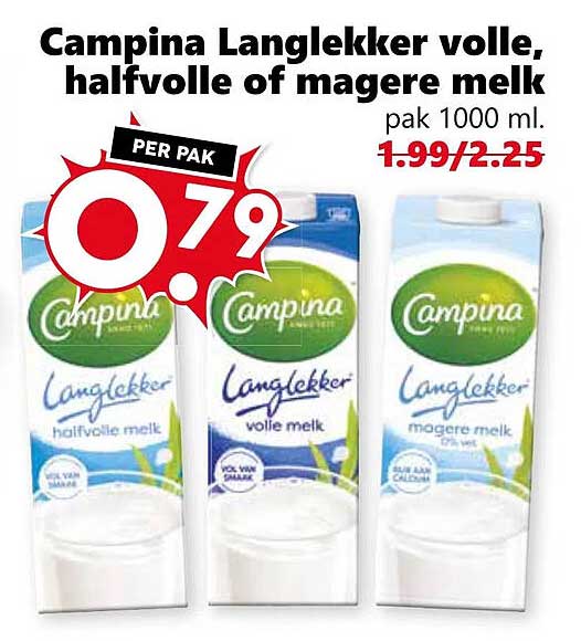 Campina Langlekker volle, halfvolle of magere melk pak 1000 ml.