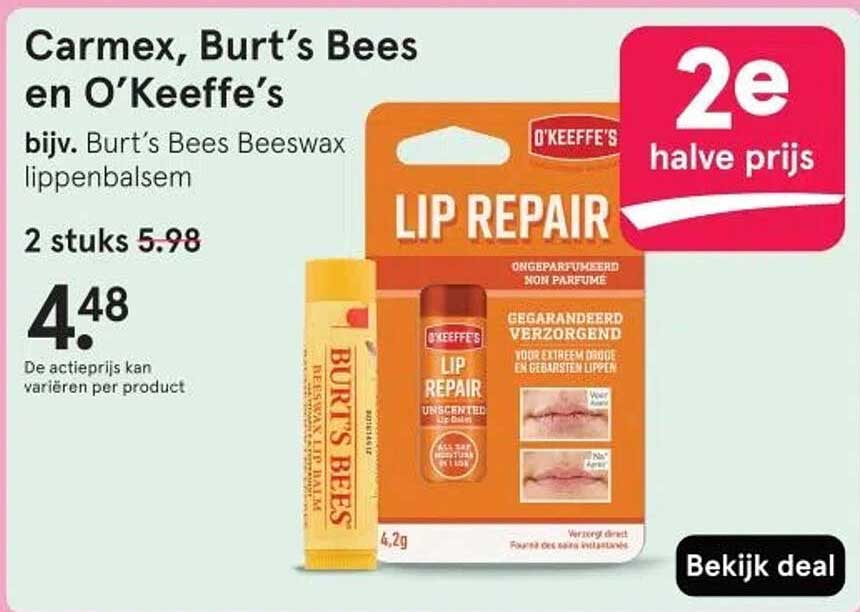 Carmex, Burt’s Bees en O’Keeffe’s bijv. Burt’s Bees Beeswax lippenbalsem