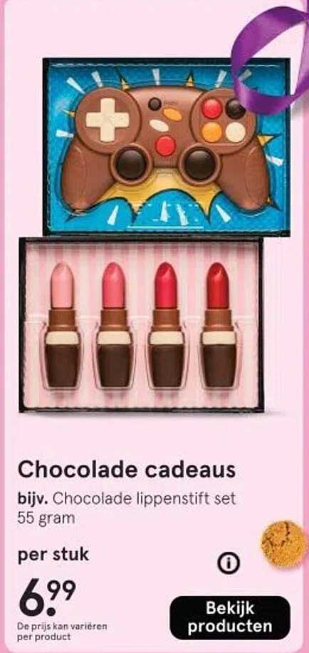 Chocolade cadeaus bijv. Chocolade lippenstift set 55 gram