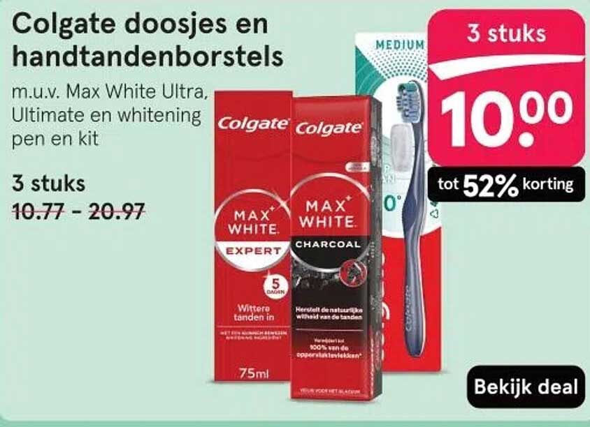 Colgate doosjes en handtandenborstels m.u.v. Max White Ultra, Ultimate en whitening pen en kit