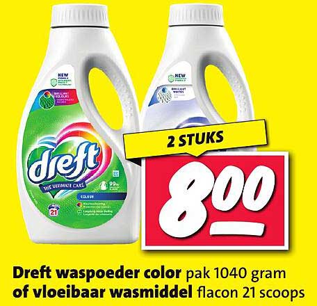 Dreft waspoeder color pak 1040 gram of vloeibaar wasmiddel flacon 21 scoops