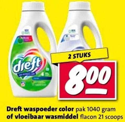 Dreft waspoeder color pak 1040 gram of vloeibaar wasmiddel flacon 21 scoops