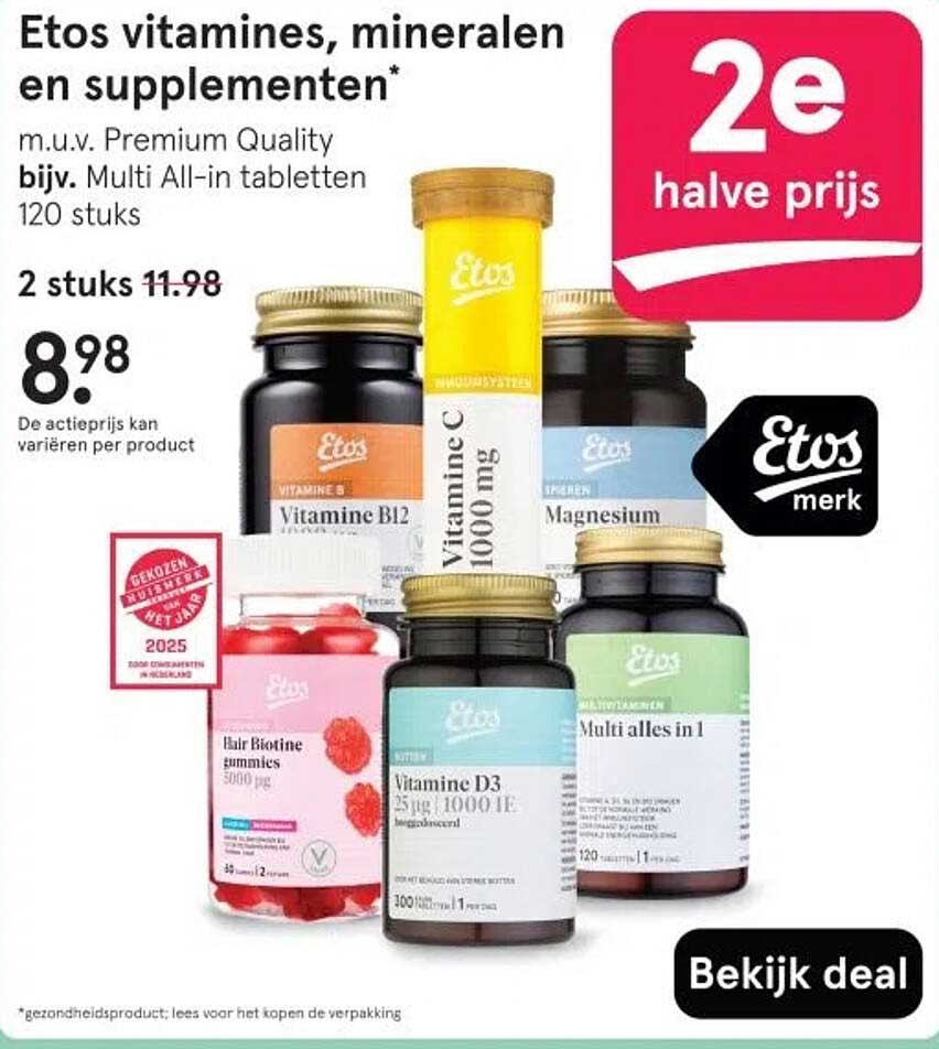 Etos vitamines, mineralen en supplementen* m.u.v. Premium Quality bijv. Multi All-in tabletten 120 stuks