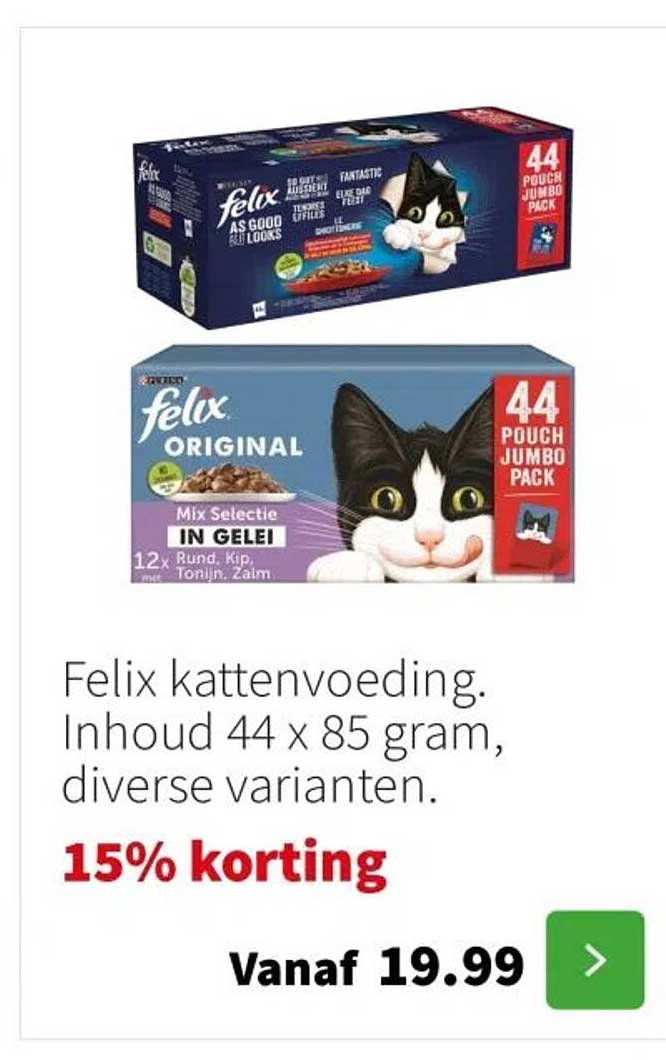 Felix kattenvoeding, inhoud 44 x 85 gram, diverse varianten.