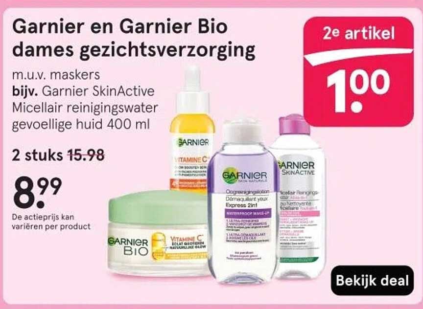 Garnier en Garnier Bio dames gezichtsverzorging m.u.v. maskers bijv. Garnier SkinActive Micellair reinigingswater gevoelige huid 400 ml